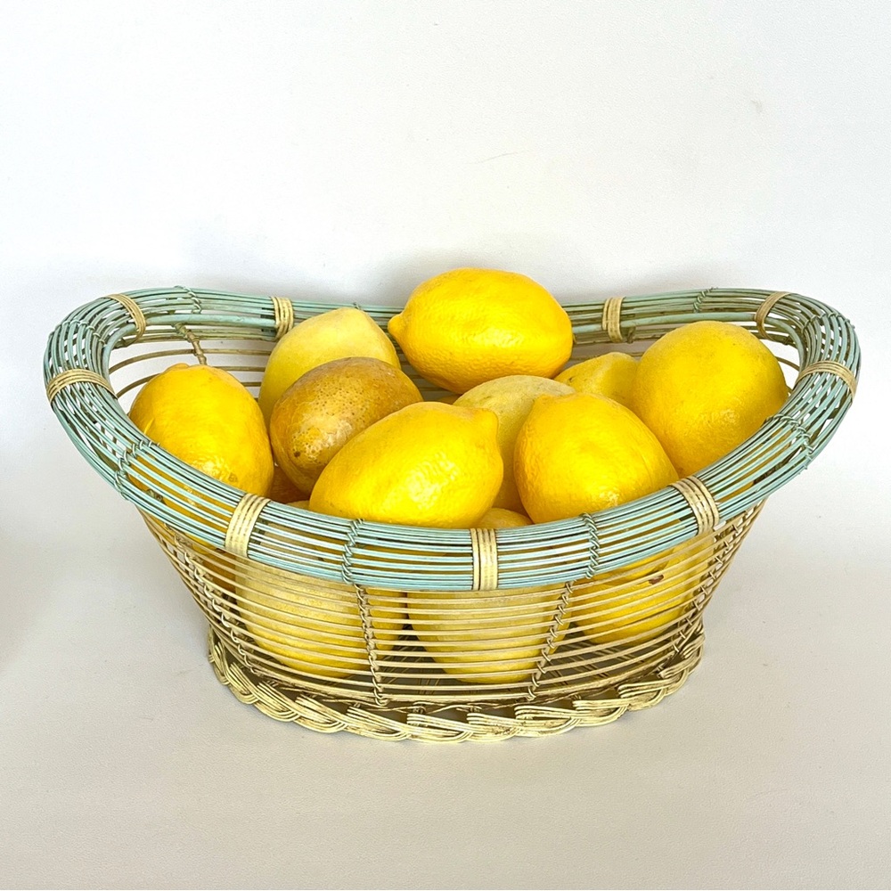 Vintage Wire Basket Antique Sculpted Metal Bread Bowl Robin’s Egg Blue